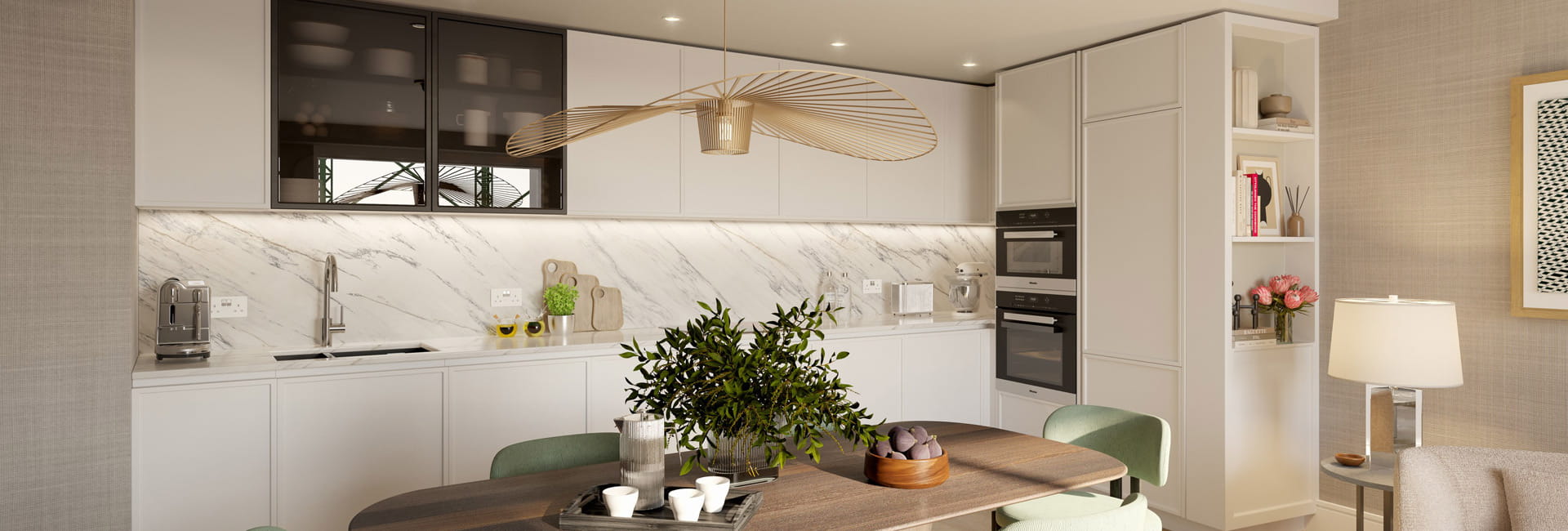 Modern designed kitchen and wooden dining table.