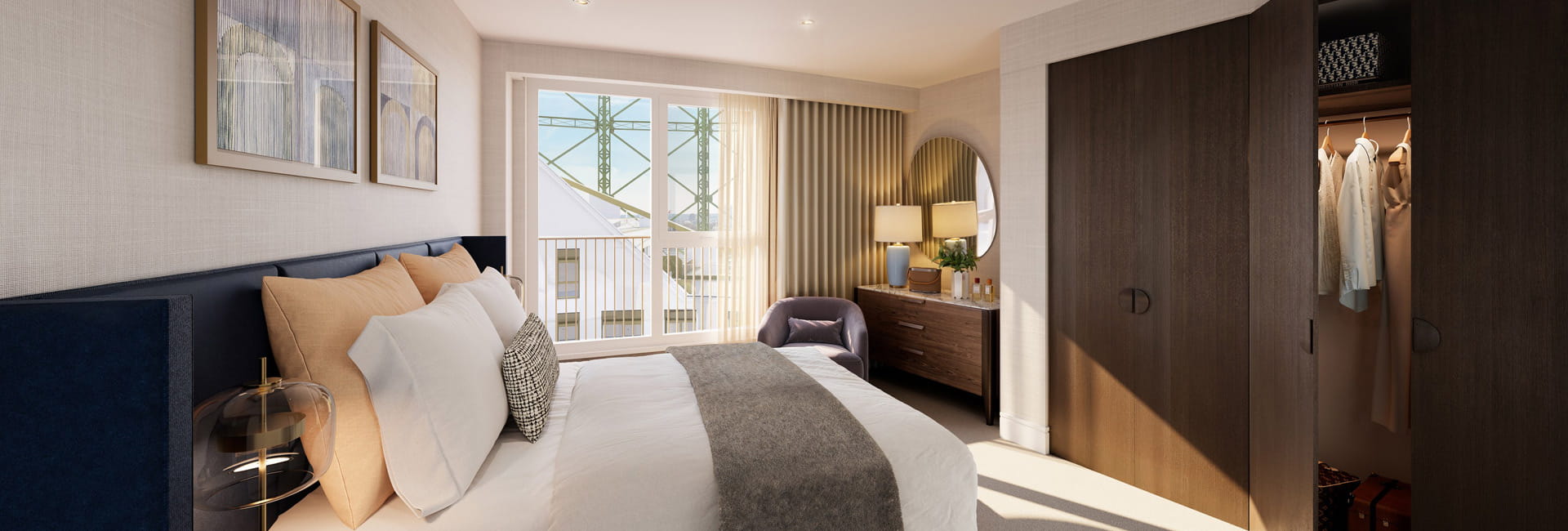 Modern design bedroom décor, ample natural lighting from tall windows, vanity table, wooden built-in wardrobe.