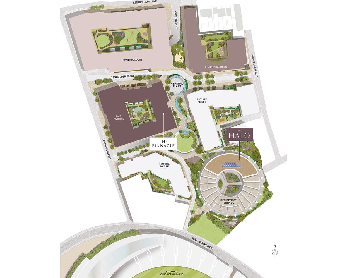An image of the Oval Village development with labels