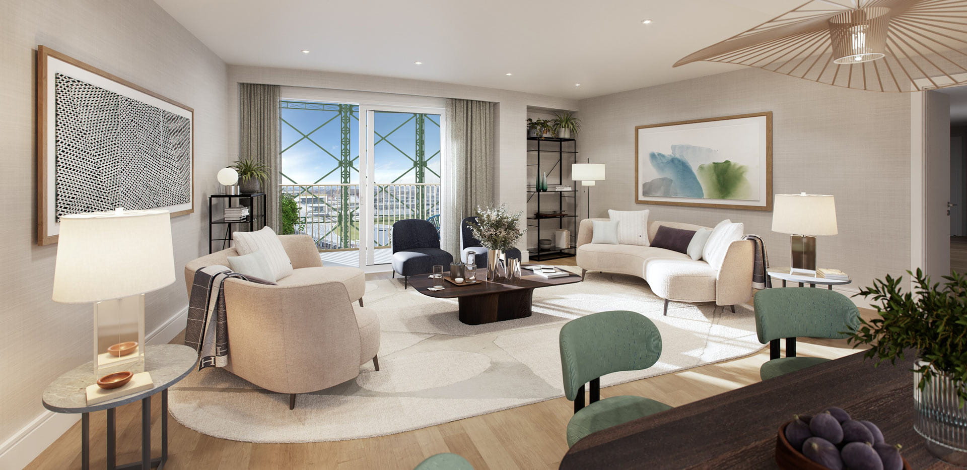 Modern living space decorated in white and grey colour palette, seating area, wall hangings, large windows