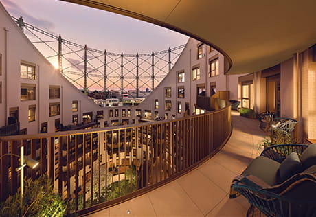 A CGI image from the balcony view from an apartment at The Halo
