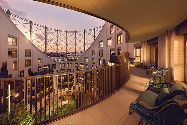 A CGI image from the balcony view from an apartment at The Halo