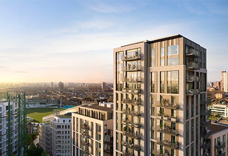 An exterior CGI of The Pinnacle with a view of the Kia Oval and London in the background