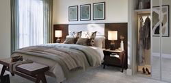 Parkside Collection at Chelsea Bridge Wharf bedroom with a large, central, bed and built in wardrobe