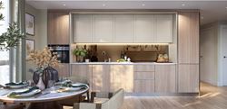 Parkside Collection at Chelsea Bridge Wharf kitchen and dining area with a brown and sage design