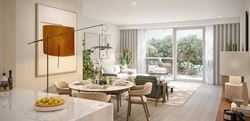 Parkside Collection at Chelsea Bridge Wharf open living area with a light, neutral design
