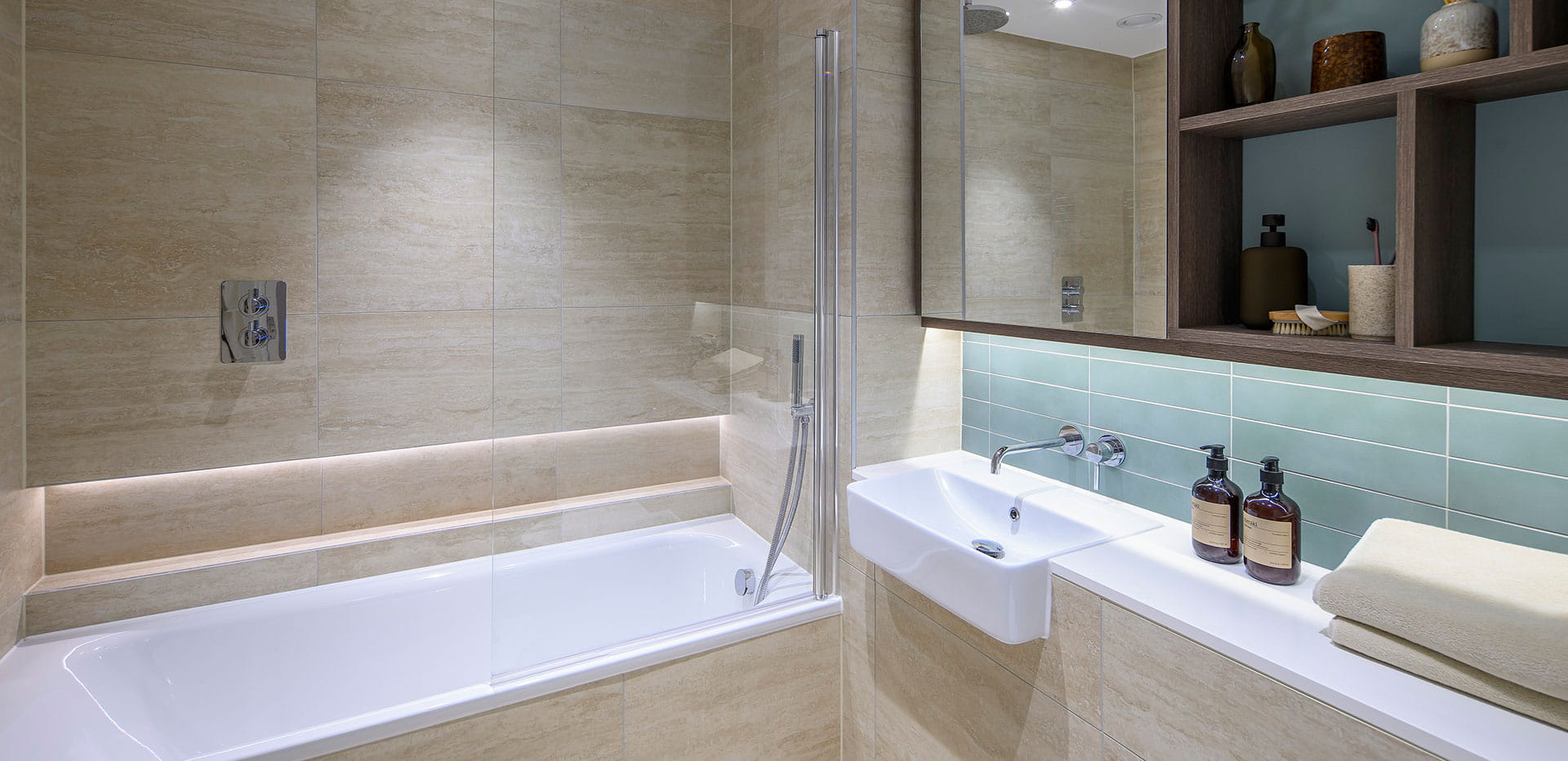 An interior bathroom image with a light palette