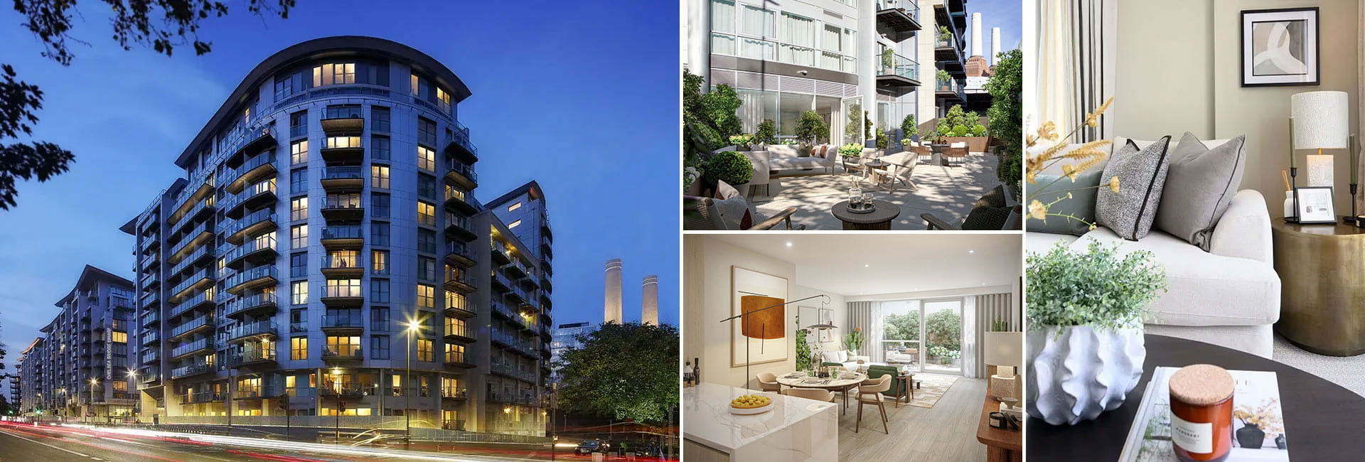 A montage of CGIs of Parkside Collection at Chelsea Bridge Wharf