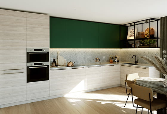 A CGI image of a Spring themed kitchen at Poplar Riverside