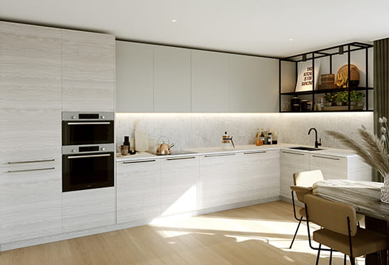 A CGI image of a Winter themed kitchen at Poplar Riverside