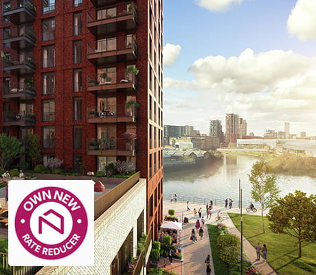 An exterior image of Poplar Riverside with the Own New logo