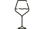 Graphic icon of a wine glass, glass half full