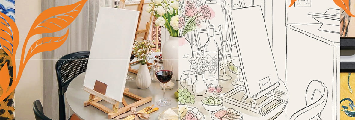 CGI of a paint easel on the left and the equivalent as a caricature on the right