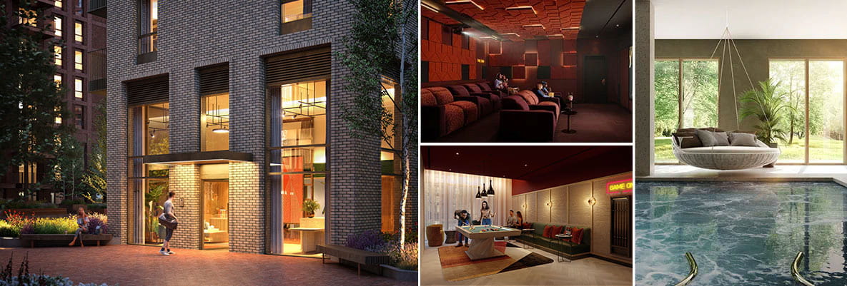 A montage of CGIs of The Riverside Club at Heron Wharf