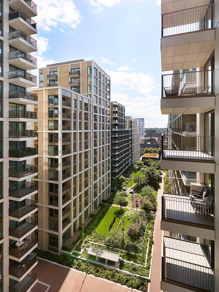 An exterior image of Prince of Wales Drive showing the balcony views into the courtyard and green space