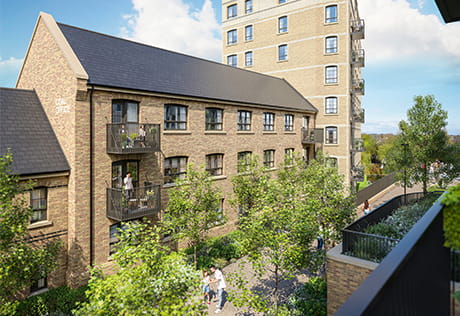 An exterior CGI of the courtyard at reading Riverworks