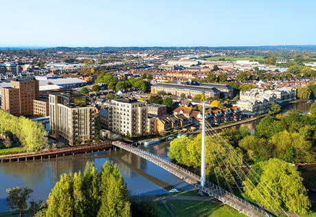 An aerial exterior of Reading Riverworks