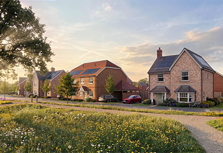 CGI of new build homes along quiet residential path, meadowed lawn in foreground.
