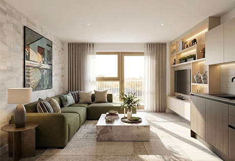 Living space with L-shaped sofa, coffee table, wall hanging, storage units and ample, natural lighting
