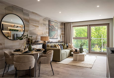 Thames Show Apartment Living and Dining Space contemporary design with large windows far side
