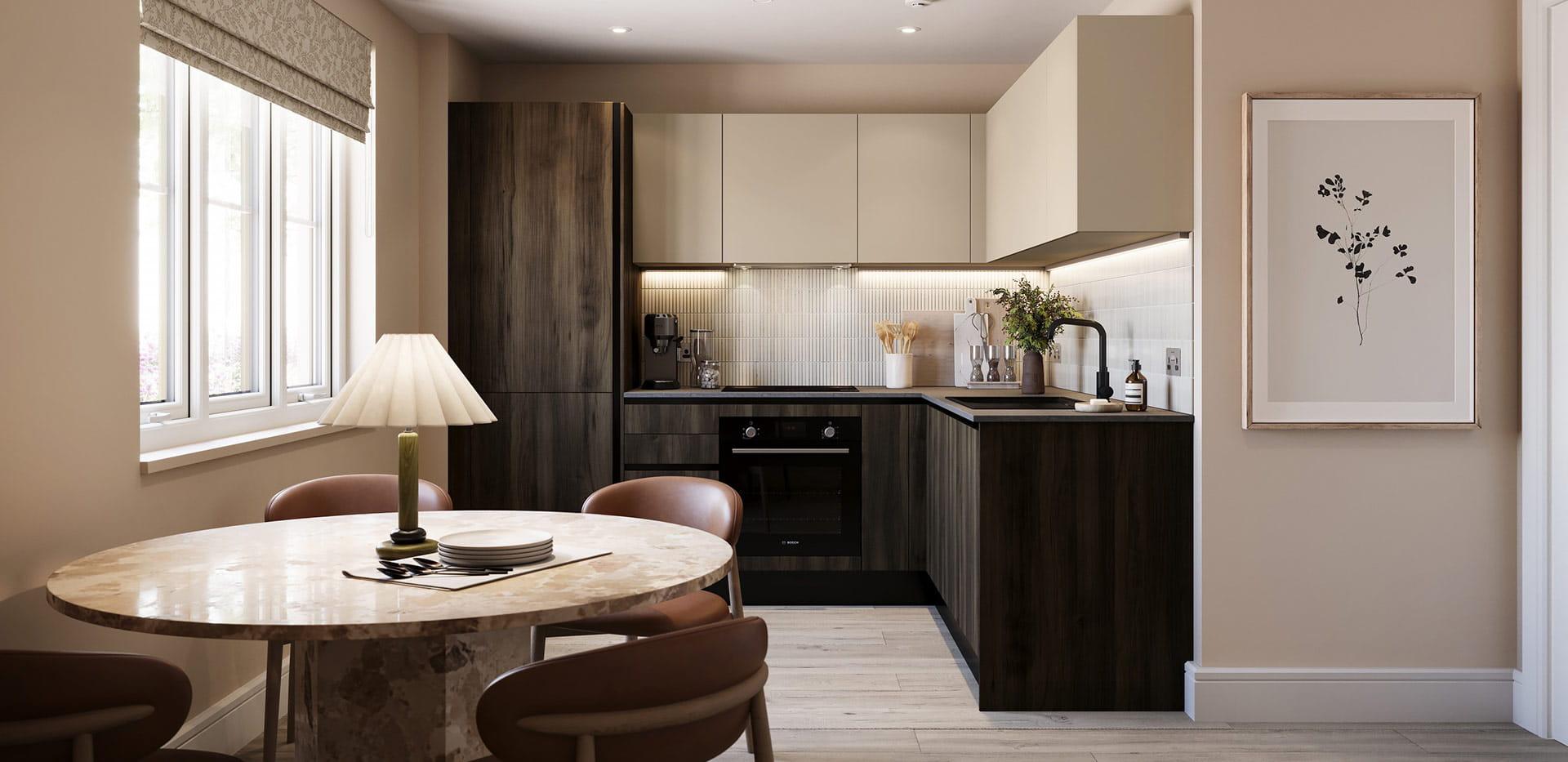 An interior kitchen-dining image within a showhome in Reading Riverworks