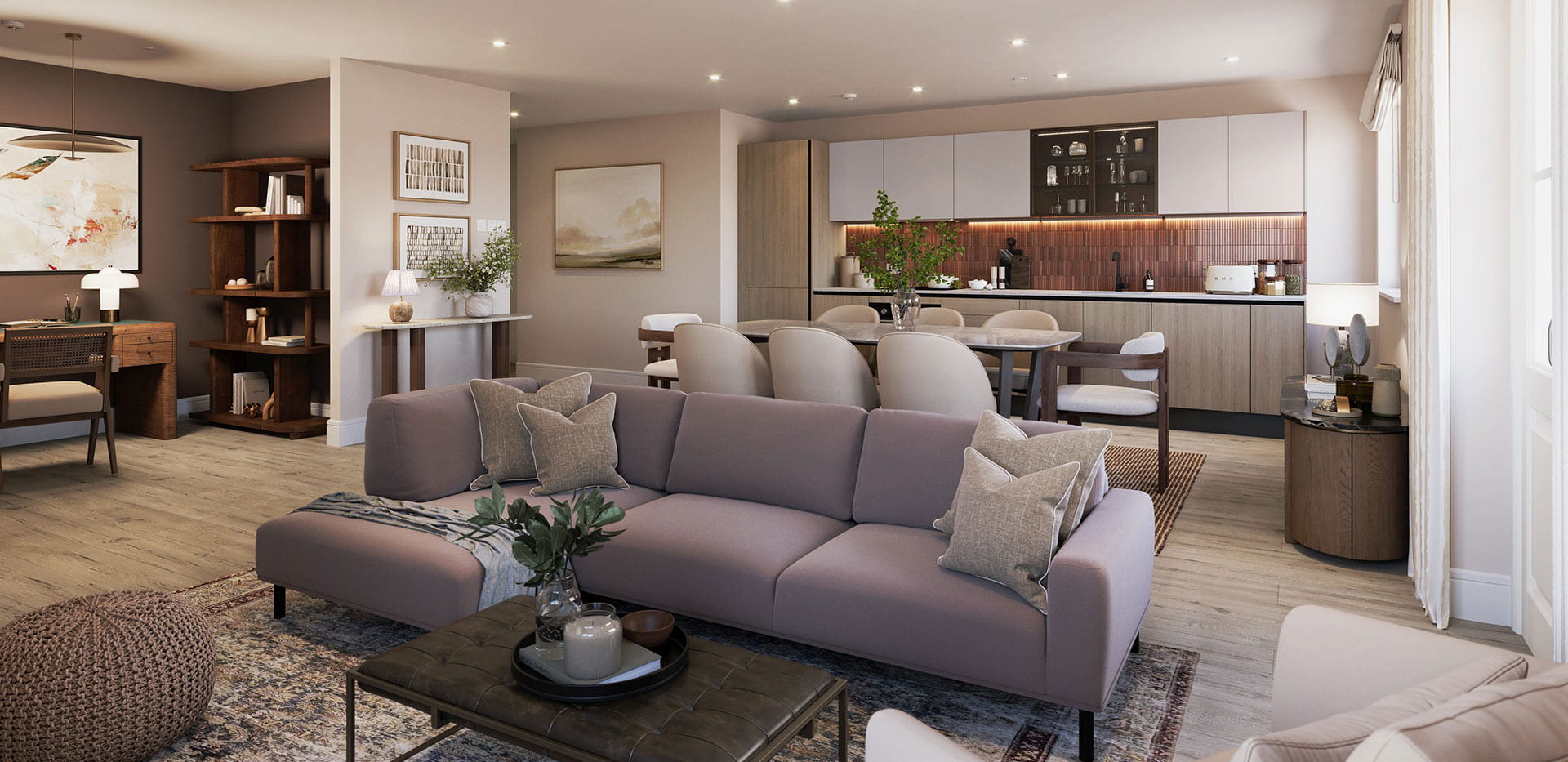 An interior kitchen-living image within a showhome in Reading Riverworks