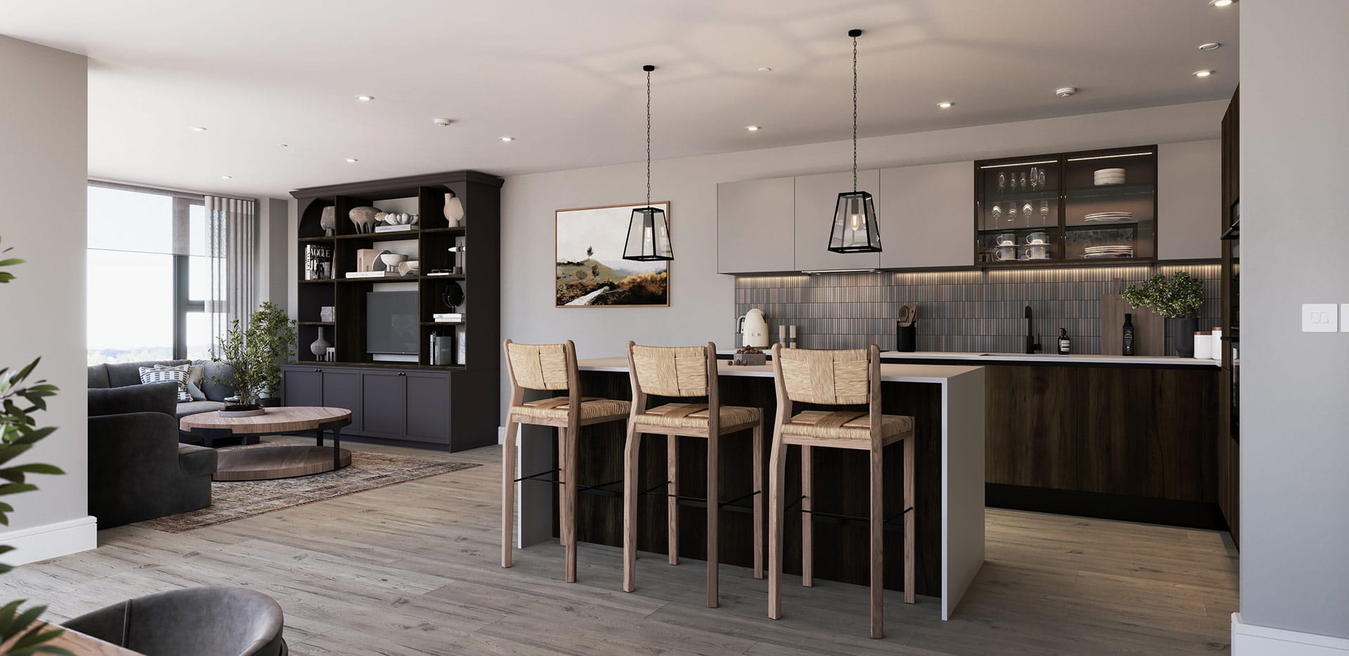 An interior kitchen-living-dining image within a showhome in Reading Riverworks