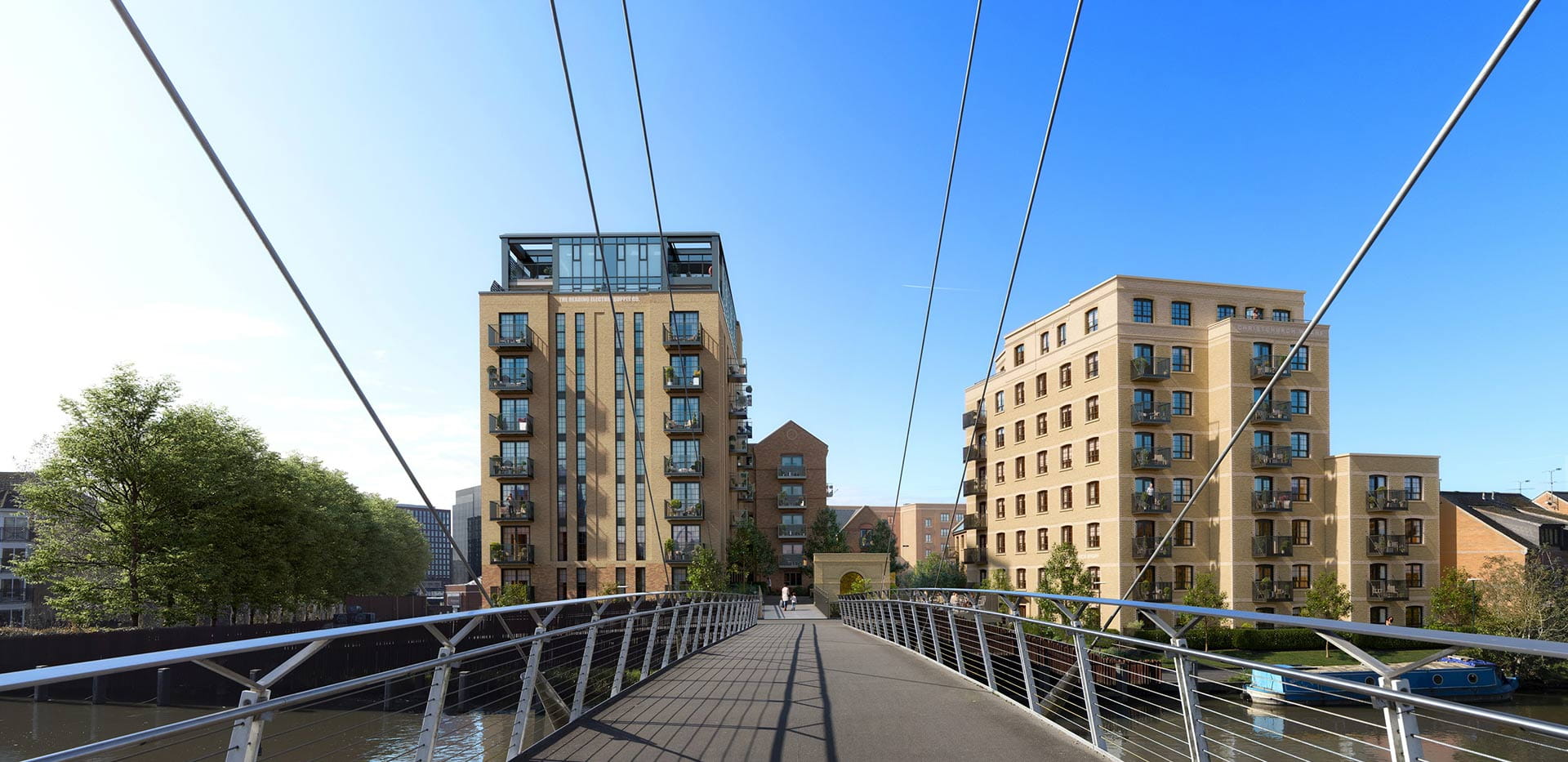Reading Riverworks apartment exterior and bridge