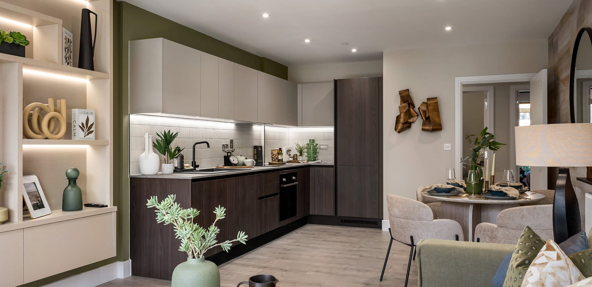 Kitchenette and dining space, beige and brown colour palette