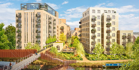 An exterior CGI of Reading Riverworks