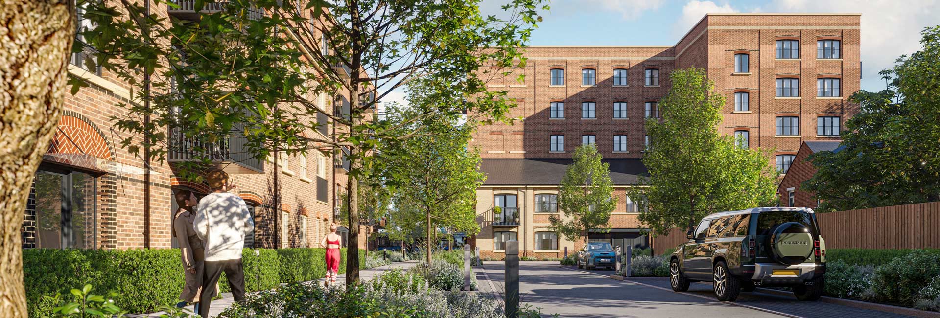 CGI of development exterior façade, pedestrian paths and road with landscaping.