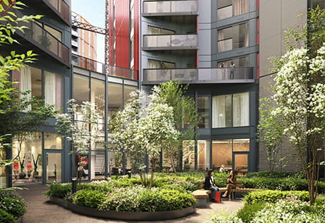 CGI of a landscaped atrium garden between modern flats, with trees, planting, balconies and seated residents.