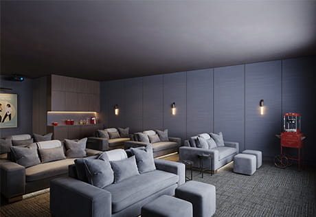 CGI of a private screening room with plush grey sofas, soft wall lights, a large screen and a popcorn trolley.