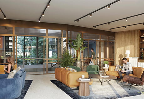 Modern concierge lounge with seating areas, warm lighting, large windows and residents relaxing indoors.