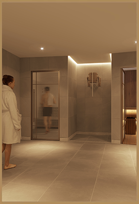 An image of a a woman walking into the sauna