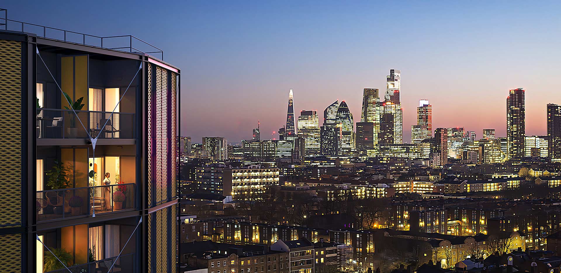 Regent's View, development at night, overlooking the city