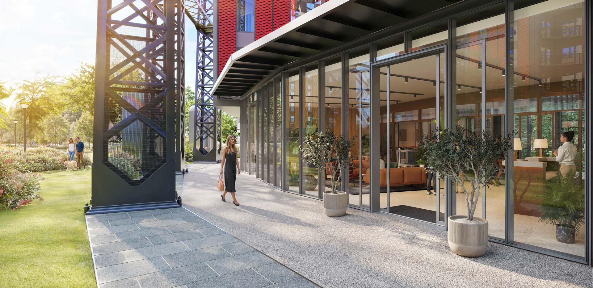 CGI of a modern concierge entrance with floor-to-ceiling glass, steel supports and landscaped gardens.