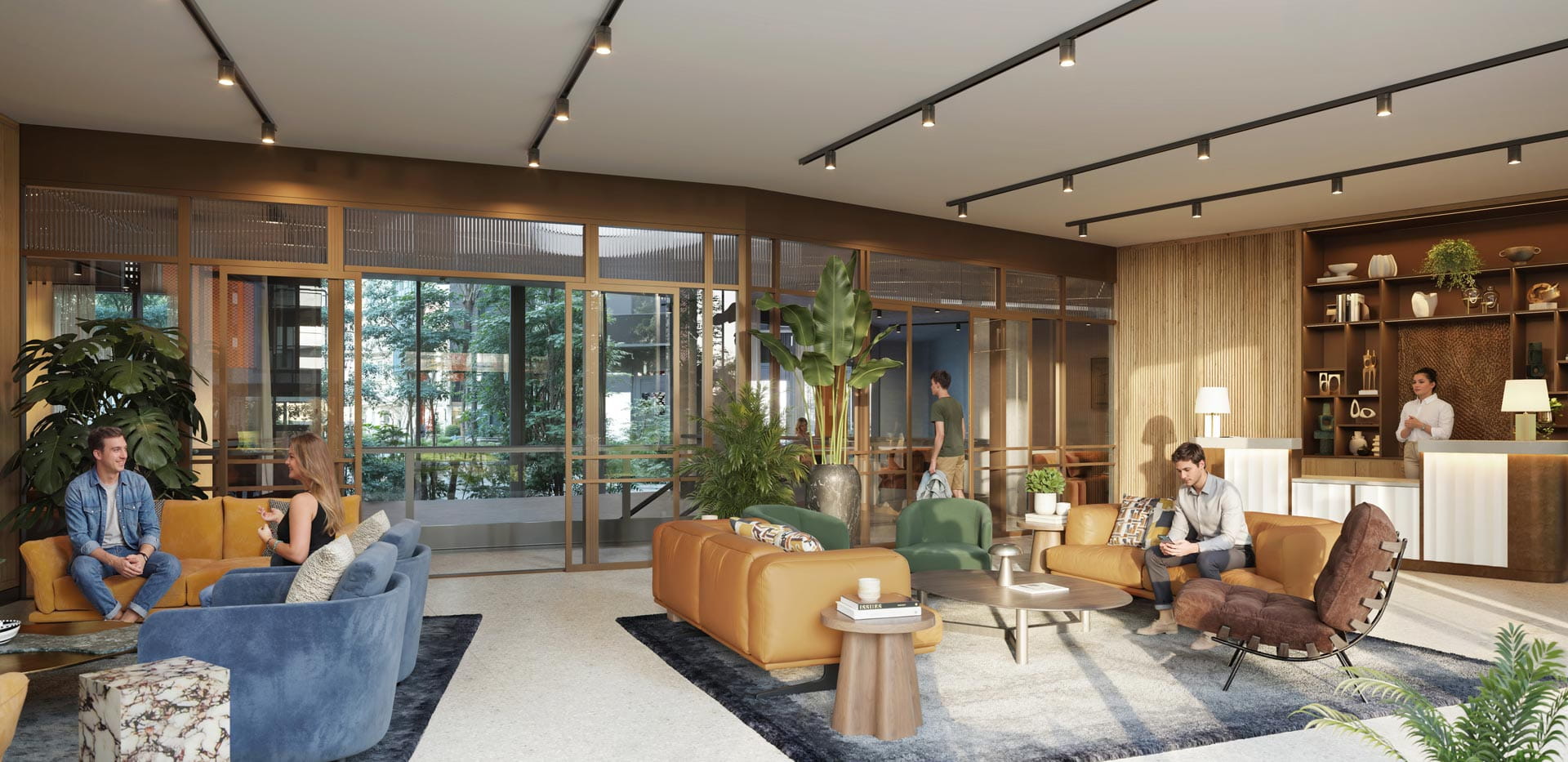 Modern concierge lounge with seating areas, warm lighting, large windows and residents relaxing indoors.