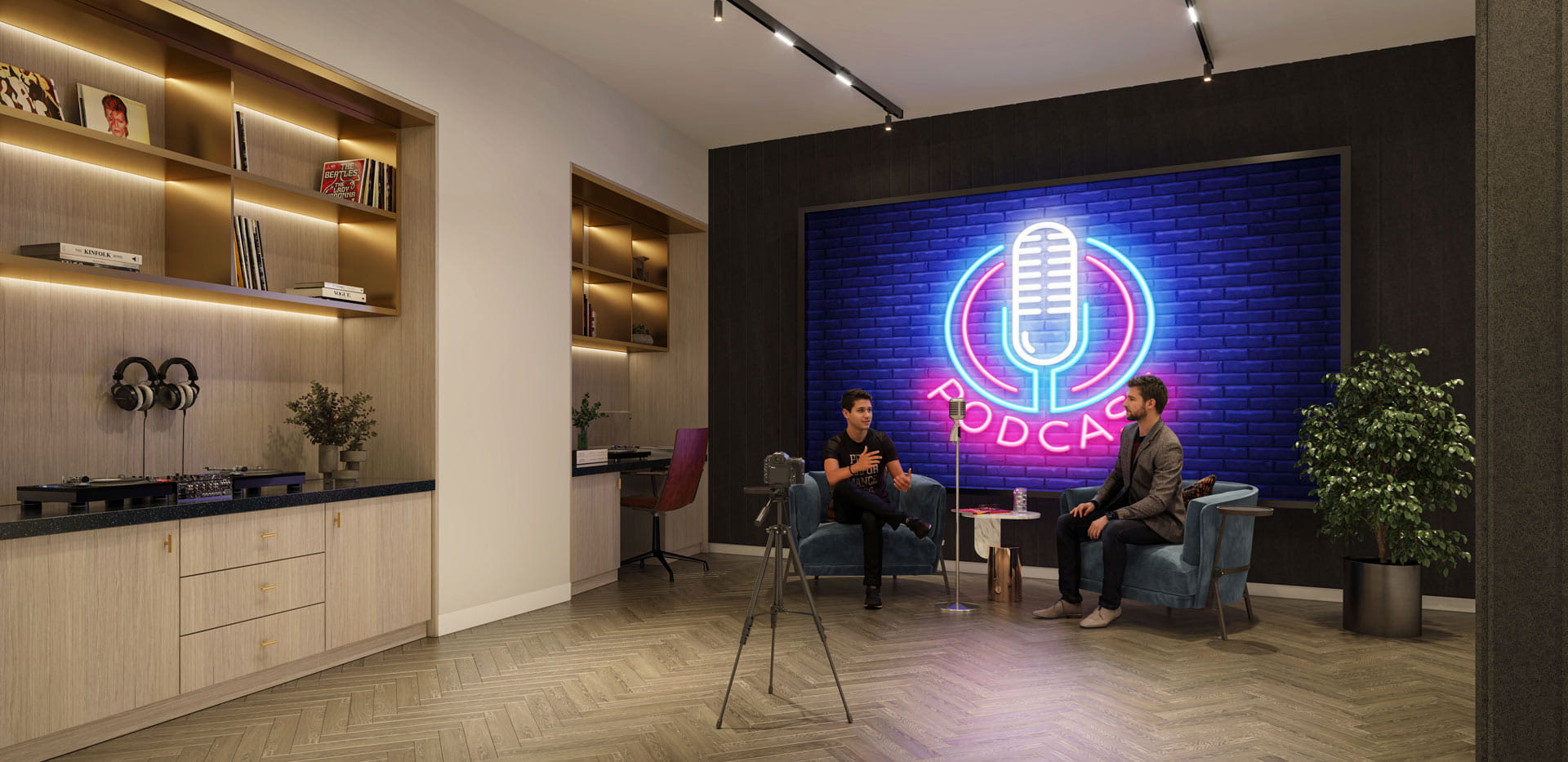 CGI of a modern podcast studio with two hosts, camera tripod, neon microphone sign and shelving.