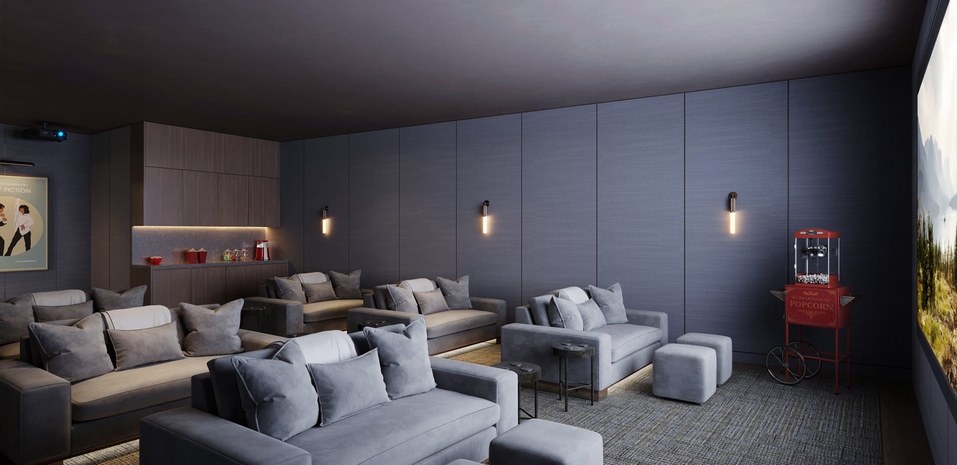 CGI of a private screening room with plush grey sofas, soft wall lights, a large screen and a popcorn trolley.