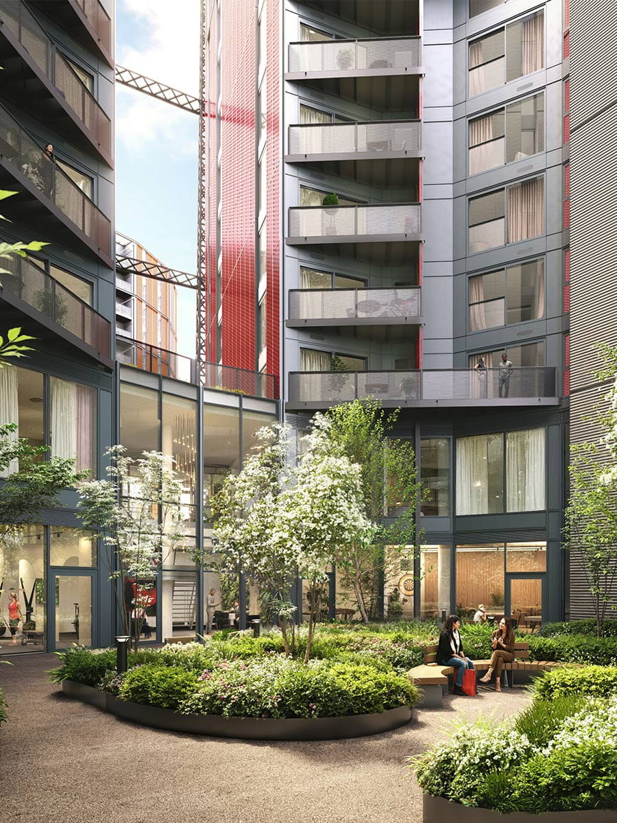 CGI of a landscaped atrium garden between modern flats, with trees, planting, balconies and seated residents.