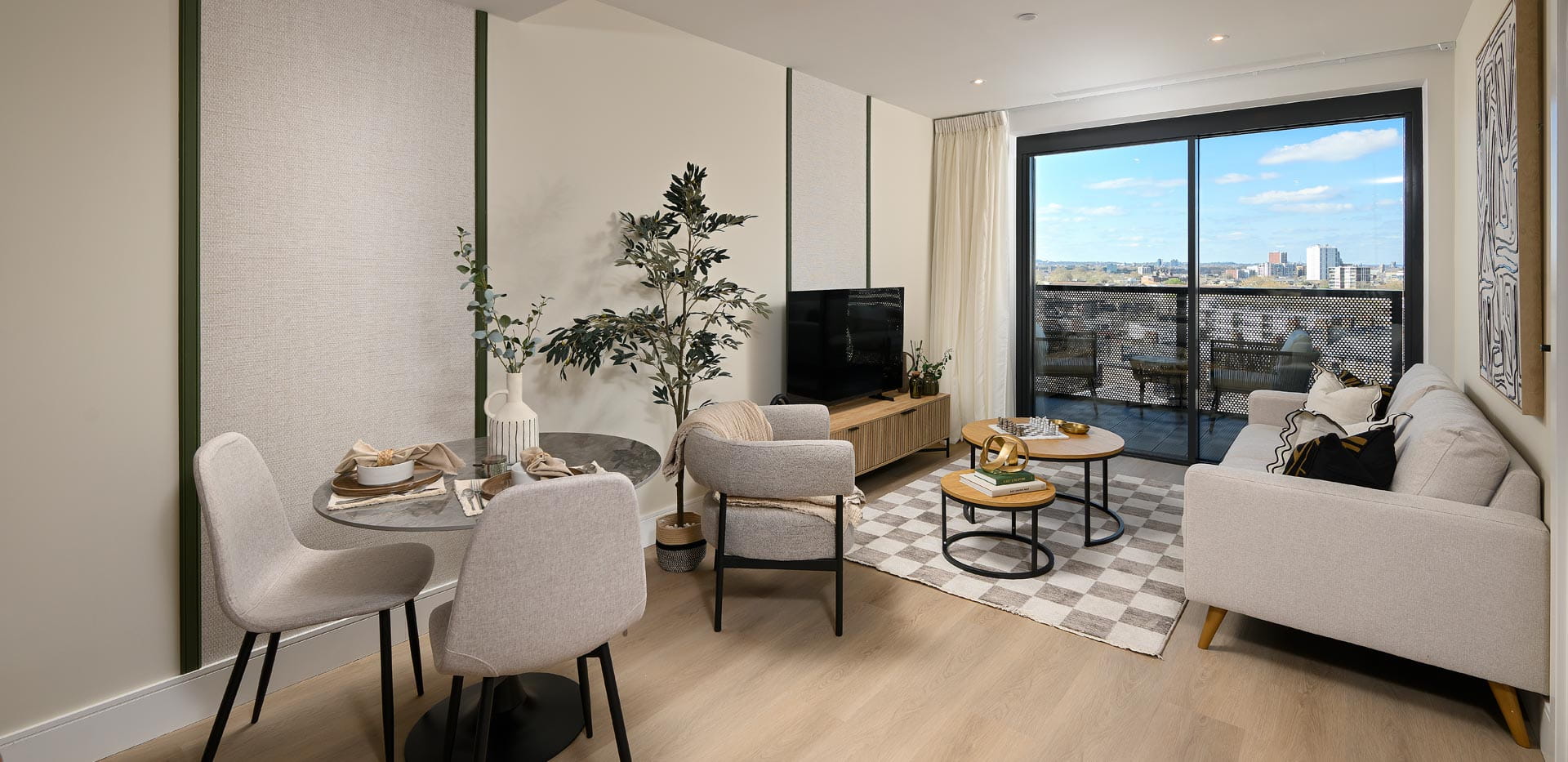 Modern designed and decorated living room dining area.