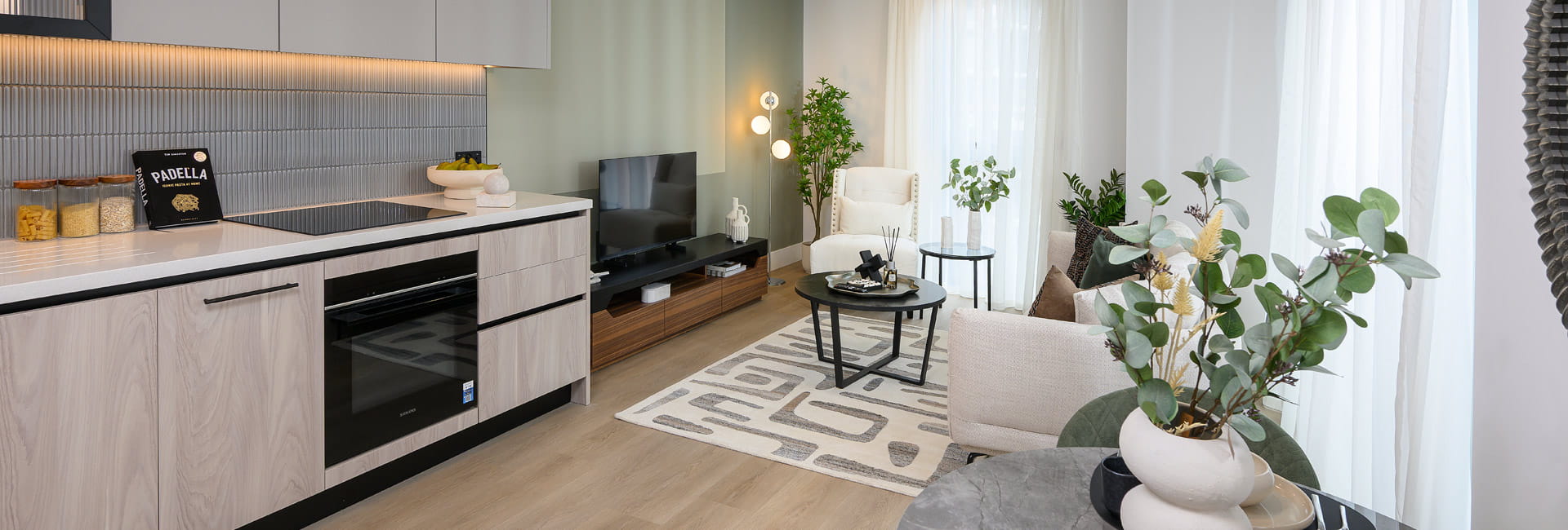 Combined living dining space and kitchen