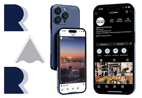 Image of mobile phones showing Royal Arsenal Riverside Instagram