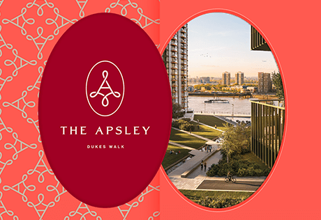 An exterior CGI of Royal Arsenal Riverside with The Apsley logo and pattern design