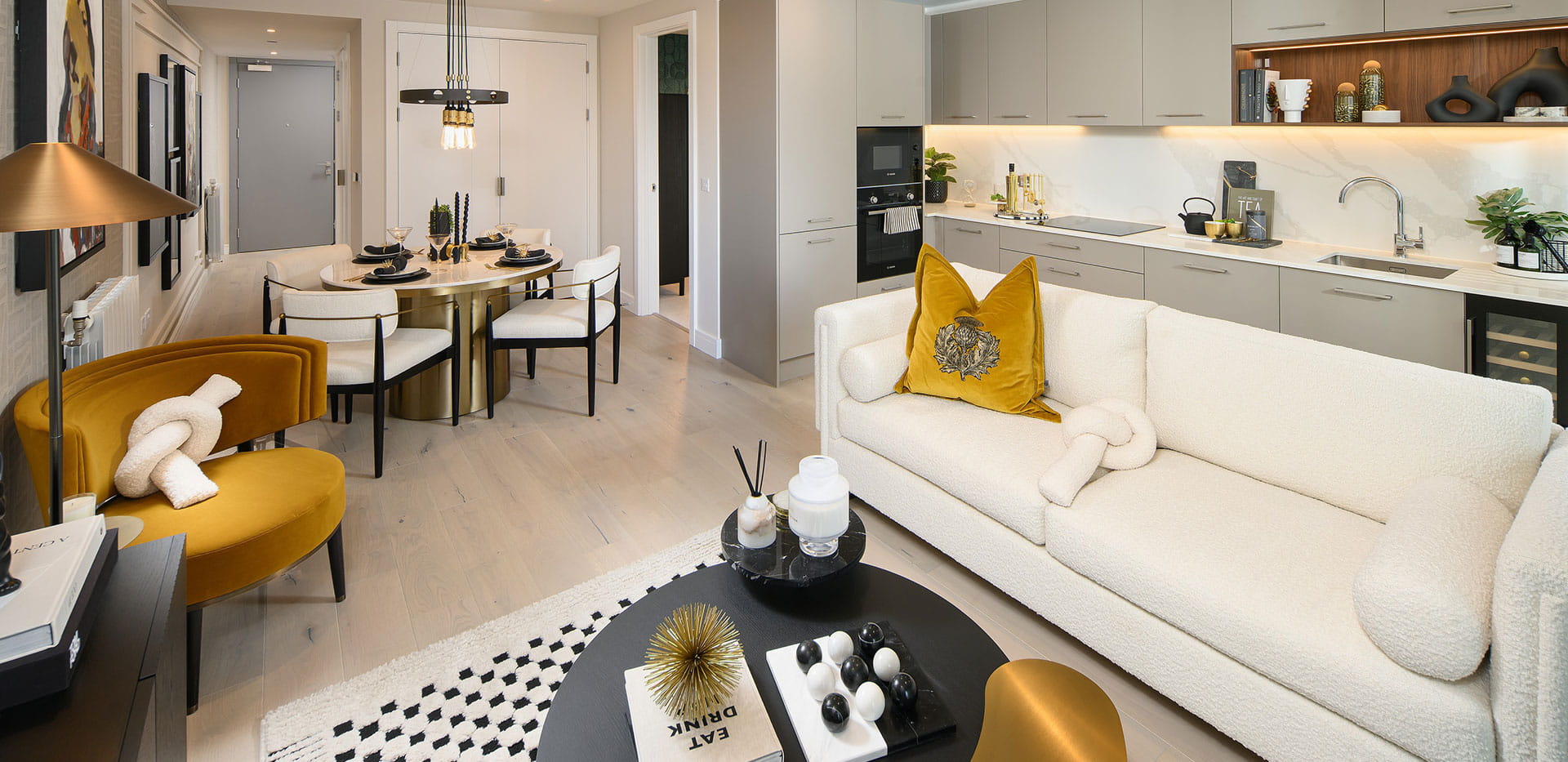 Internal image of the kitchen-living-dining area at Seafarers Wharf