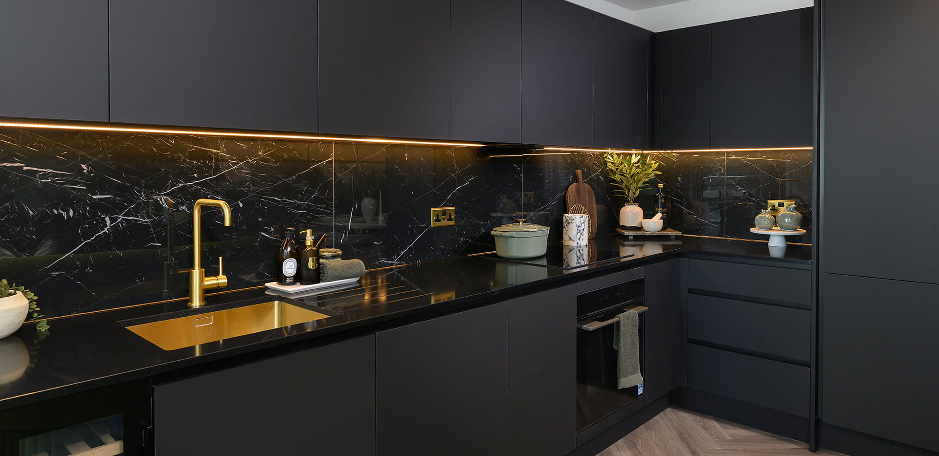 Royal Arsenal Riverside, The Apsley Showhome, high-spec kitchen with dark design