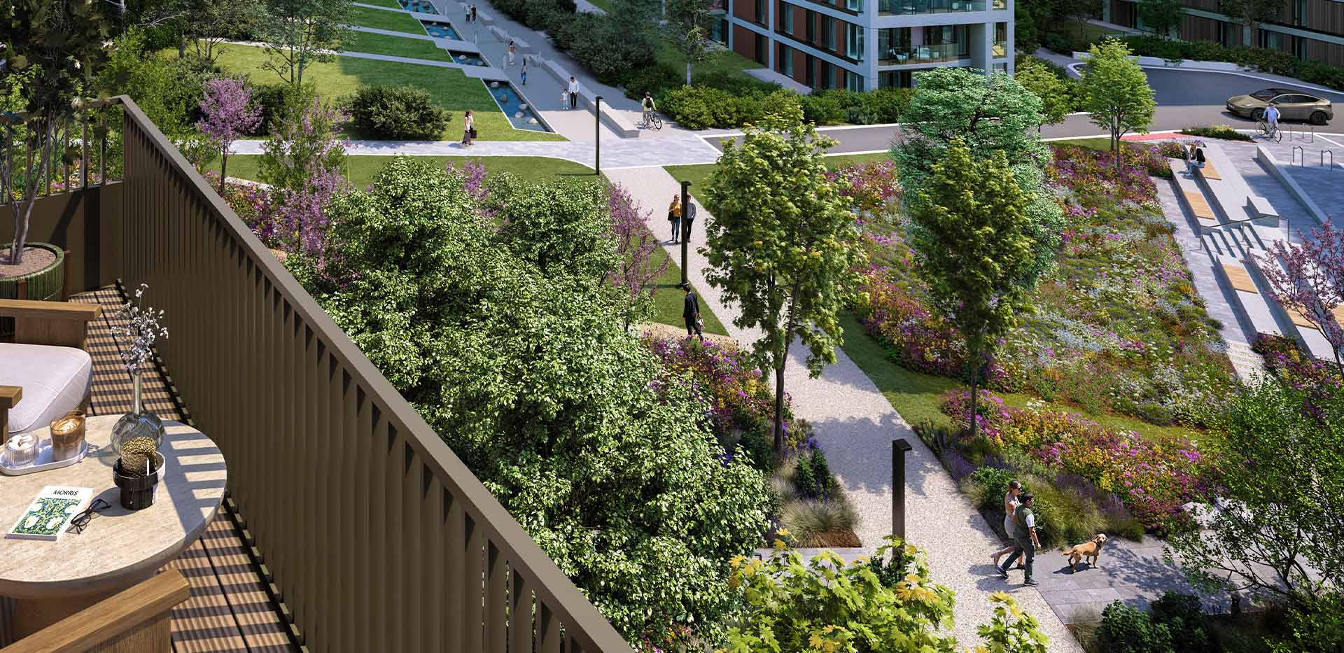 A balcony view of the courtyard from a showhome at The Maribor