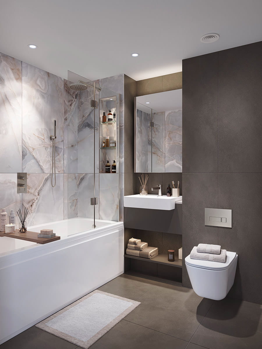 An image of a dark-themed bathroom at a showhome from The Maribor
