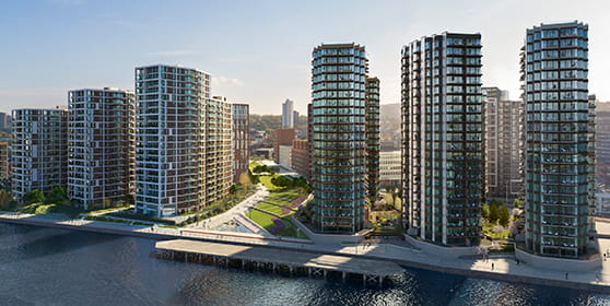AN exterior image of Royal Arsenal Riverside against the River Thames